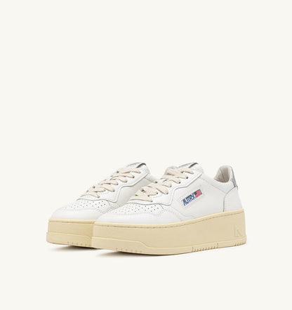 Woman MEDALIST PLATFORM SNEAKERS IN WHITE AND METALIZED SILVER LEATHER