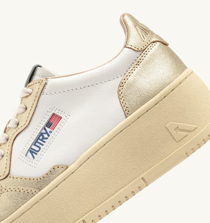 Woman MEDALIST PLATFORM SNEAKERS IN WHITE AND METALIZED PLATINUM LEATHER