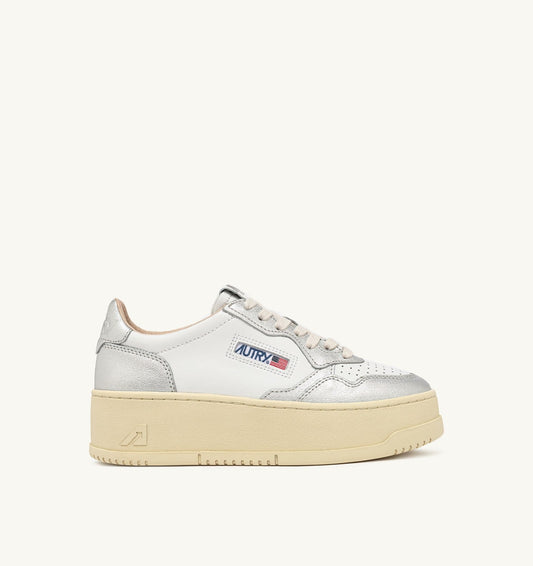 Woman MEDALIST PLATFORM SNEAKERS IN WHITE AND METALIZED SILVER LEATHER